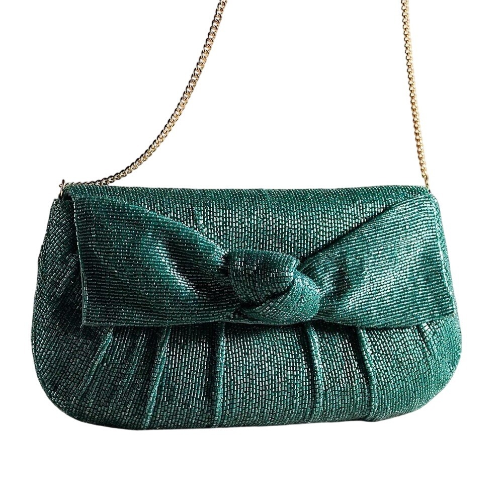 Maeve Anthropologie Green Beaded Bow Clutch Chain Strap NWOT